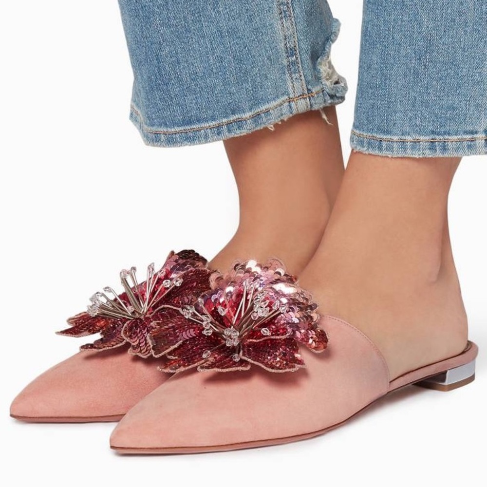 Aquazzura French Rose Disco Flower Suede Slippers - Picture 3 of 8